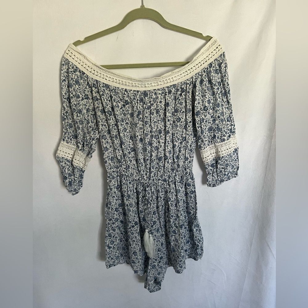 Hollister Romper Blue Floral Off Shoulder Size Large